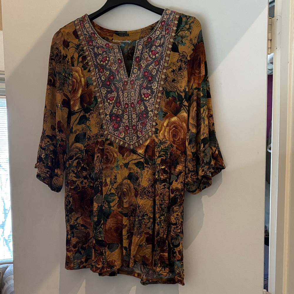 Soft Surroundings Mustard Floral Embroidered V-Neck Tunic